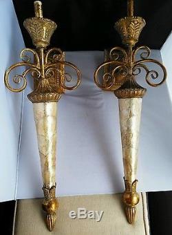 Pair Large Gold Leaf Capiz Shell Neo Classical Wall Sconces