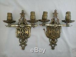 Pair Large Vintage Electric Brass Neo Classical Gothic Wall Sconces 1920s 13H