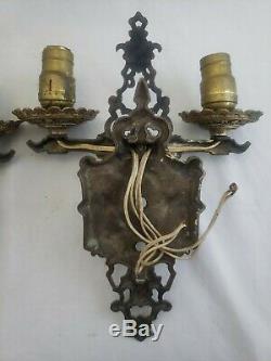 Pair Large Vintage Electric Brass Neo Classical Gothic Wall Sconces 1920s 13H