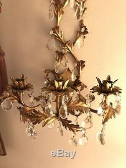Pair Large Vntg Italian Wall Sconces Gold Gilt Candlle Holders with Glass Crystals