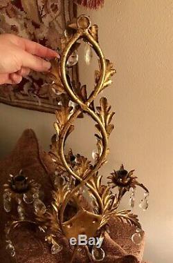 Pair Large Vntg Italian Wall Sconces Gold Gilt Candlle Holders with Glass Crystals