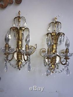 Pair Mid Century Modern Gilt Metal Leaf & Crystal French Wall Sconces Wired