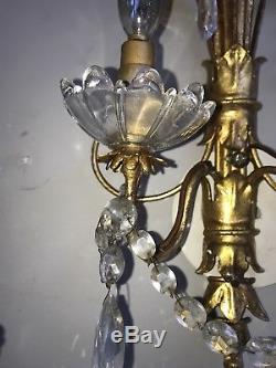 Pair Mid Century Modern Gilt Metal Leaf & Crystal French Wall Sconces Wired