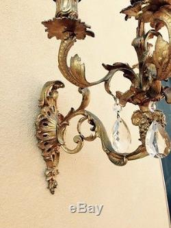 Pair Of Antique 19th Century Gilt Bronze Wall Sconces With Crystals