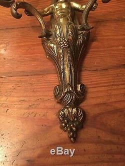 Pair Of Antique Figural 2 Arms Brass Wall Candle Sconces Cherub