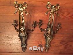 Pair Of Antique Figural 2 Arms Brass Wall Candle Sconces Cherub