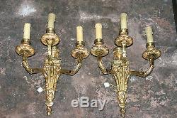Pair Of Antique Gilded Bronze Three Light Wall Sconces, French, 19th Century