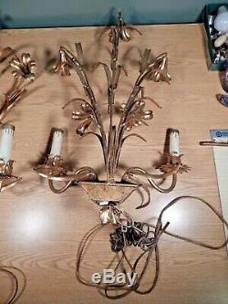 Pair Of Antique Gold Tole MID Century Double Bulb Wall Sconces