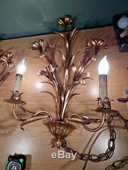 Pair Of Antique Gold Tole MID Century Double Bulb Wall Sconces