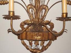 Pair Of Antique Italian Gilt Metal & Wood Two Arm Sheaf Of Wheat Wall Sconces