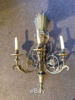 Pair Of Antique Monumental 27 French 3 Arm Brass Wall Sconces