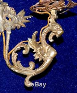 Pair Of Gorgeous Antique French Gilded Bronze/ Brass Wall Sconces Dragons
