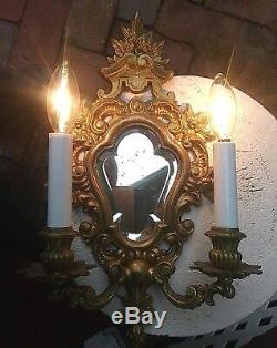 Pair Of Italian Brass Mirrored Electrified Candle Wall Sconces