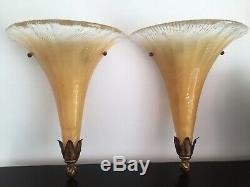Pair Of Maitland Smith Style Luminaire Gold to Clear Glass Wall Sconces H 15