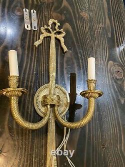 Pair Of Ornate Antique Gold Brass Wall Sconces 2 Arm Bow 23 Tall Wired Ornate