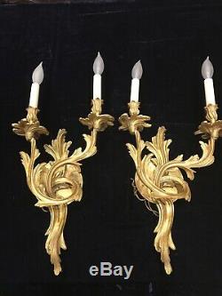 Pair Of Solid Bronze Electric Wall Sconces Two Arm Rococo Louis XV Style 20H