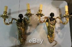 Pair Of Vintage Figural 2 Arms Brass Wall Sconce Light Fixture With Cherub