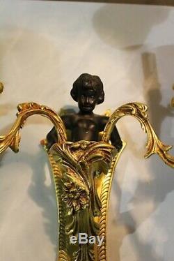 Pair Of Vintage Figural 2 Arms Brass Wall Sconce Light Fixture With Cherub