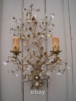 Pair Of Vintage Gilt Metal Tole acanthus Italian Wall Lights Sconces Appliques