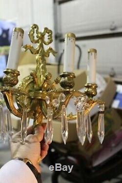 Pair Of Vintage Ornate 3 Arms Brass Wall Sconce Light Fixture With Prism