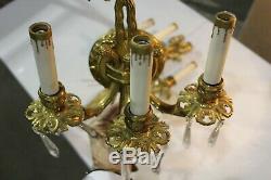 Pair Of Vintage Ornate 3 Arms Brass Wall Sconce Light Fixture With Prism