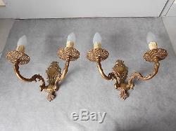 Pair Old French solid Brass WALL LIGHT SCONCES / filigree