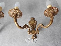 Pair Old French solid Brass WALL LIGHT SCONCES / filigree