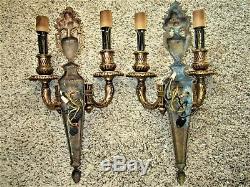 Pair Ornate Bronze Victorian Wall Sconces Neoclassical Acanthus Light Fixtures