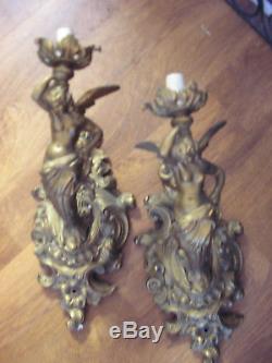 Pair Rare Vintage Gothic Victorian Ornate Torch Figural Wall Lamp Sconces