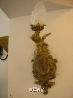 Pair Rare Vintage Gothic Victorian Ornate Torch Figural Wall Lamp Sconces