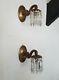 Pair Single Arm Brass Wall Lights with Wonderful Antique Cut Lead Spear Crystals