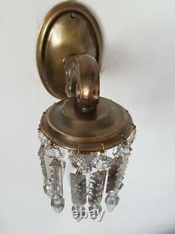Pair Single Arm Brass Wall Lights with Wonderful Antique Cut Lead Spear Crystals