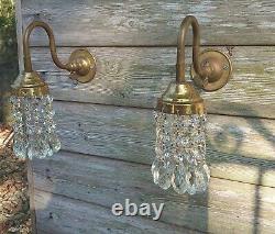 Pair Small Victorian Style Faux Gas Brass Wall Lights Crystals Pear Crystals