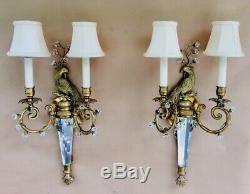 Pair Solid Brass and Crystal Peacock Wall Sconces