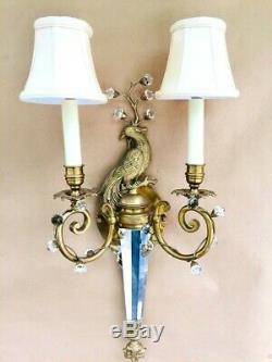 Pair Solid Brass and Crystal Peacock Wall Sconces