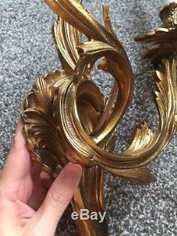 Pair Spanish Antique Brass Bronze Gilt Louis XV Rococo Two-Light Wall Sconces