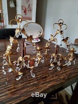 Pair TWO Vintage Wall Candle Sconce Candelabra Metal Glass Prisms Gold
