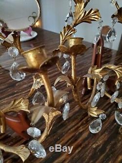 Pair TWO Vintage Wall Candle Sconce Candelabra Metal Glass Prisms Gold