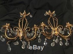 Pair VINTAGE GOLD Mid Century WALL CANDLE HOLDERs CRYSTAL PRISMS. D4