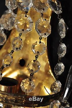 Pair VTG Brass & Glass Prisms Wall Sconces Lights