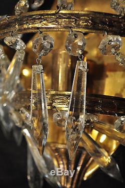 Pair VTG Brass & Glass Prisms Wall Sconces Lights