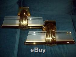 Pair VTG Mid-Century MCM art deco brass wall sconce light fixture frosted glass