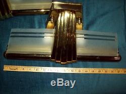 Pair VTG Mid-Century MCM art deco brass wall sconce light fixture frosted glass