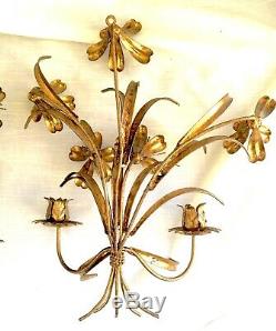 Pair Vintage 2 Candle Floral Gold Tole Wall Sconces Italy, Hollywood Regency