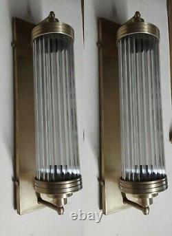 Pair Vintage Antique Art Deco Brass & Glass Rod Light Fixture Wall Sconces Lamp