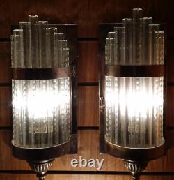 Pair Vintage Art Deco Metro Theatre Light Brass Case Glass Rod Wall Sconces Lamp