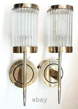 Pair Vintage Art Deco Skyscraper Brass & Glass Rod Ship Light Wall Sconces Lamp