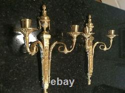 Pair Vintage Brass Louis XVI Style Candelabra Wall Sconces