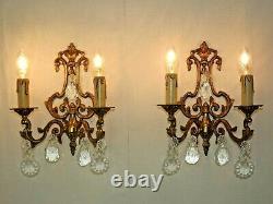 Pair Vintage French Bronze Open Pack Double Wall Lights With Crystals 2311