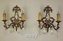 Pair Vintage French Bronze Open Pack Double Wall Lights With Crystals 2311